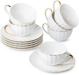 BTaT- Tea Cups and Saucers, Set of 6 (7 oz) with Gold Trim and Gift Box, Cappuccino Cups, Coffee Cups, White Tea Cup Set, British Coffee Cups, Porcelain Tea Set, Latte Cups