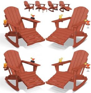 PLUUV Folding Adjustable Adirondack Rocking Chair Set of 4 with Retractable Ottoman and Cup Holders, Outdoor HDPE Adirondack Rocker Patio Chair, Wood-Like Reclining Adirondack Chair, Red