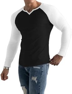 Muscle Cmdr Men’s Henley T-Shirt Long Sleeve V Neck Slim Fit Soft Stretch Casual Athletic Tee Medium Weight Black&White XS