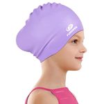 FUNOWN Kids Long Hair Swimming Cap Waterproof - Silicone Swimming Hat Kids, Comfortable Anti Slip Boys and Girls Swimming Cap, Stretchable and Durable Swim Cap for Kids 3-15 Years (Purple)