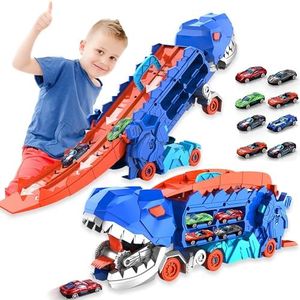 Dufuntotoys City Dinosaur Ultimate Hauler Track Toy for Boys, Transforms into Stomping Dinosaur with Race Track Ultimate Transporter Hauler Toddler Toys Gifts for Kids Ages 3 4 5 6 Years Old(4 Cars)