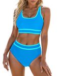 Blooming Jelly Womens High Waist Bikini Sets Sporty Color Block Two Piece Swimsuits Scoop Neck Cheeky Bathing Suits, Blue, S