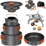 10 Pcs Smokey Camp Backpacking Cooking Set with Stove & Adapter - 2 Pots Large Medium 1 Kettle 1 Large Pan 1 Stove 2 Adpater, Compact Non-Stick Camping Cookware Mess Kit, All in One (with Kettle)