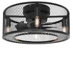 Ohniyou Caged Ceiling Fan with Lights and Remote - 18'' Farmhouse Flush Mount Ceiling Fan, Rustic Low Profile Light Fixtures Ceiling Fans for Kitchen Bedroom Black