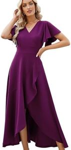 Long Black Formal Dresses for Women Gowns Evening Party Cocktail Dress,Split Elegant V Neck Wrap Ruffle Wedding Guest Dresses, Purple, Large