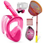 DaddyGoFish Kids Snorkel Mask | Snorkle Snorkeling Gear with Camera Mount | Extendable Telescopic Landing Fishing Net & Snorkeling Mask Combo Set Anti-Fog Anti-Leak