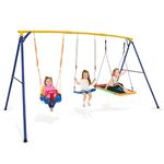 GYMAX 3 in 1 Kids Swing Set, Heavy Duty Metal Swing Frame with Belt Swing, Rectangular Swing&Adjustable Swing Seat, Outdoor Children Playground Set for 3-10 Years Old, Max Weight 300kg (350x182x195cm)