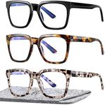 EASY READ 3 Pairs Oversized Reading Glasses for Women, Squre Blue Light Blocking Anti UV Readers with Spring Hinge, Ultralight Fashion Computer Eyewear (Magnification 2.00, Black,Tortoise,Grey)