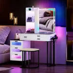 Dystler Makeup Vanity with Mirror Lights Table: Dressing Table with Wireless Charging Station & RGB Lights Mobile Vanity Desk with Glass-Top Design Girls/Women White Vanity for Bedroom