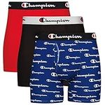 Champion Men's Boxer Briefs, Every Day Comfort Stretch Cotton Moisture-Wicking Underwear, Multi-Pack, Blue White Script Logo/Black/Red-3 Pack, L (Pack of 3)