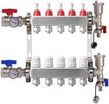 5-Branch Radiant Heat Manifold,Stainless Steel PEX Manifold with Compatible Outlets for Hydronic Radiant Floor Heating (1/2" Adapters included)