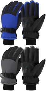 Wenouy 2 Pairs Kids Winter Gloves Waterproof Snow Ski Gloves for Boys Girls Warm Adjustable Accessories for Cold Weather Dark Blue, Dark Gray, 6-8 Years