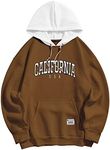 ZAFUL Men's Colorblock Fleece-lined Hoodie Letter CALIFORNIA Pattern Hooded Sweatshirt, Coffee, Small