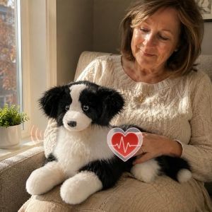 Chongker Interactive Companion Robot Cat, Weighted Breathing Stuffed Animals, Cat Plush Toy with Meow Voice, Breathing, Response, Realistic Heartbeat and Purring (Border Collie)