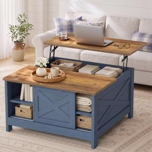 VASAGLE Farmhouse Coffee Table with Storage, Lift Top, Hidden Compartment