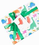 Dinosaur Wrapping Paper Set w/Ribbon and Tags - Birthday wrapping paper for boys - w/ 27" x 39" Folded Gift Wrap (3) + 3 Meters of Ribbon & 3 Gift Tags - Cute wrapping Paper, baby boy wrapping paper