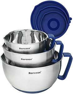 Rorence Mixing Bowls Set: Stainless Steel Non-Slip Bowls with Pour Spout, Handle and Lid - Set of 3 - Blue