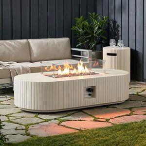 ComaZoo 3-Piece 60" Outdoor Propane Fire Pit Table Set W 16" Tank Cover, 50,000 BTU Oval Concrete Fire Pit Coffee Table, Glass Wind Guard, Waterproof Cover for Patio, Backyard, Garden, Porch, Beige