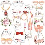 pyhot 23Pcs Photo Booth Props Team Bride Selfie Props Rose Gold Wedding Bridal Shower Hen Night Do Party Game Accessories Pose Sign Supplies