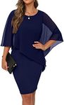 QIXING Womens Summer Casual Dress Loose Batwing Sleeve Crew Neck Chiffon Cape Elegant Midi Cocktail Pencil Dresses for Women UK for Funeral Party Wedding (Navy Blue, M)