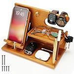 Belle Vous Light Brown Wooden Phone Docking Station - Nightstand/Bedside Table Organiser - Phone, Wallet, Watch, Key & Gadget Holder Stand - Anniversary/Birthday Gift for Men - Husband/Dad Accessories