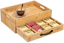 Navaris Bamboo Tea Box and Tray - Serving Tray with Storage for Tea Bags with Bag Organizer Drawer - 12 Compartment Tea Storage with Carry Tray