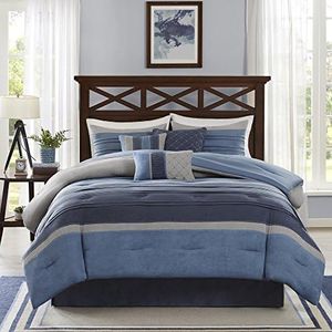 Madison Park Cozy Comforter Set Casual Modern Design All Season, Matching Bed Skirt, Decorative Pillows, Queen, Collins Blue/Grey, 7 Piece