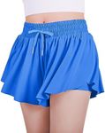 JOCMIC Girls Flowy Shorts, 2 in 1 Preppy Butterfly Shorts with Spandex Liner for Cheer Athletic Gym Teens Casual Clothes, Blue, 12 Years