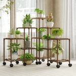 Bamworld Plant Stand with Wheels for Indoor Plants Wood Outdoor Tiered Plant Shelf Corner Ladder Plant Holder Table Plant Pot Stand for Window Garden Balcony Patio Living Room