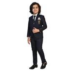 FIZA CREATION 5 Piece Boys Coat Suit Set with Shirt Pant Blazer Waistcoat and TIE (12-13 Years, Navy Blue)