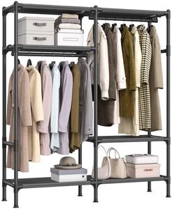 SONGMICS Heavy Duty Clothes Rack, 65 Inch Freestanding Portable Wardrobe with Hanging Rails and Shelves, Total Load 242 lb, Easy Assembly, for Cloakroom, Bedroom, Black URDR201B02