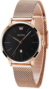 OLEVS Womens Rose Gold Watches Large Face Stainless Steel Ladies Watches for Small Wrists Thin Casual Dress Watch Women with Date Black Dial Minimalist Mesh Bracelet Watch for Women Waterproof