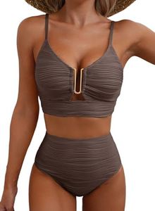 Herseas Women Bikini Sets Two Piece Cutout Textured V Neck Bathing Suit Push Up Full Coverage Swimsuit Popular Beach Swimwear Ladies Chic Resort Essentials Deep Brown XX-Large