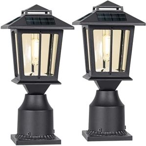 Suponar Metal Solar Post Lights 2 Pack, Solar Post Cap Light, Solar Lamp Post for Pole Fence Deck Garden Yard Patio Porch Outdoor Decor, Warm White