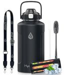 HYDRO H2O Half Gallon Stainless Steel Water Bottle Insulated with AutoLock Spout Lids & Pop-up Straw & Fruit Infuser & Carry Strap, Metal Water Jug with Wide Mouth 64 oz Leakproof (Black,Strap)