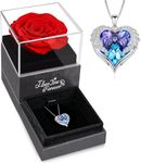 Galox Preserved Rose Flower with Heart Necklace, Gift for Wife, Girlfriend, Fiancée On Valentines Day Birthday Anniversary, Necklace with Rose Flower Box Bag Gift Card (Purple (Red Rose))