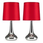 MiniSun Pair of Modern Chrome Teardrop Touch Bed Side Table Lamps with Red Fabric Shades