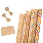 RUSPEPA Wrapping Paper Rolls with Tags, Jute String - 17 inches x 10 feet per Roll, Total of 3 Rolls, Birthday