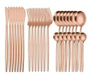 ANH MART Mirror Finish Rose Gold Plated Stainless Steel Flatware Set Copper Silverware Set Rose Gold Spoon Color Cutlery Set [Dinner Fork-Tea Spoon-Salad Spoon-Knife] Set of (Rose Gold 28)