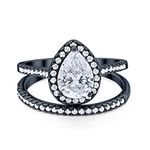 Teardrop Pear Bridal Set Wedding Engagement Ring Band 925 Sterling Silver Black Tone Round Cubic Zirconia Size-7