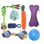 Foodie Puppies 7-in-1 Chew Toy Combo of 5 Ropes, Squeaky Bone & Ball for Small Dogs & Puppies | Teething & Training Toys (Twisted, Carrot, Cotton Ball, Cornstick, Dumbbell, Durian Ball, Prickle Bone)