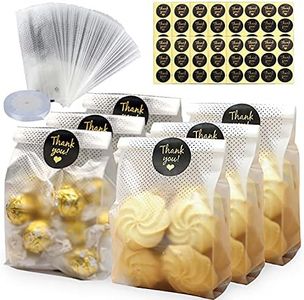 100PCS Translucent Plastic Bags Cellophane Bags Cookie Bags Cellophane Treat Bags Plastic Pastry Bags Clear Storage Bags Kitchen Baking Bags with Labels for Wedding Gift Chrismas Party Favor