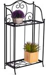 BIRDROCK HOME 2-Tier Metal Tiny Plant Stand Shelf - Decorative Mediterranean Scroll Design - Lightweight Folding - Black Metal Holder Rack - Indoor or Outdoor Use - Great for Small Spaces - Small