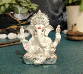 Electrum Kala udyam Divine Ganesha White Idol with Silver Plated | for Car Dashboard, Office Desk | Perfect for Housewarming Festive Gifting (4handmukutSilverWhite)