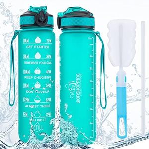 Worshopping 1L Motivational Water Bottle Having Robust Tritan Material With Time Marker And Straw- A Reusable Leak Proof BPA-Free Frosted Sports Bottle. (Green)