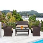 DEVOKO Patio Furniture Set, 4 Pieces Porch Outdoor Furniture Dark Brown Rattan Chairs with Cream Cushions and Table Wicker Conversation Set for Backyard, Garden