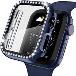 AMiRiTE ADW03 Case Bumper Cover with Tempered Glass Screen Protector Compatible with Apple iWatch Bling Diamond Rhinestone Case for All Watch Series (45MM, BLUE - DIAMOND)