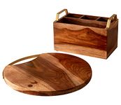 Nestroots Wooden Cutlery Holder Spoon Stand and wooden Serving Platter with Gold Handles for Dining Table Cutlery Holder| Wooden cutlery holder multipurpose Kitchen rack Café restaurant bar tableware set of 2