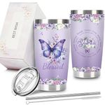 Butterfly Tumbler Gifts - Butterfly Gifts for Women Purple Butterfly 20oz Stainless Steel Insulated Tumblers with Straw and Brush for Women Mom Sister Daughter Aunt Birthday Gifts Travel Mug