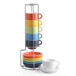 Sweejar Home Porcelain Espresso Cup & Saucer Set, Stackable Demitasse Cups with Metal Stand, 70 ml for Latte,Coffee,Cafe Mocha,Tea, Set of 6 (Multicolour)